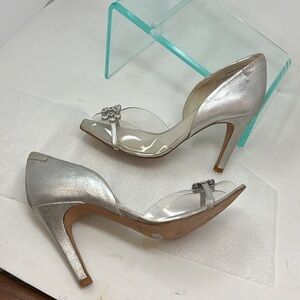 PEDRO GARCIA Sz 37 Silver Metallic Suede D'Orsay Clear Crystal Peep Toe Pumps